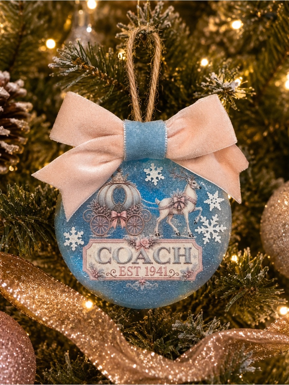 Reindeer and carriage, white Blue & Pink Holiday Ornament with Bow